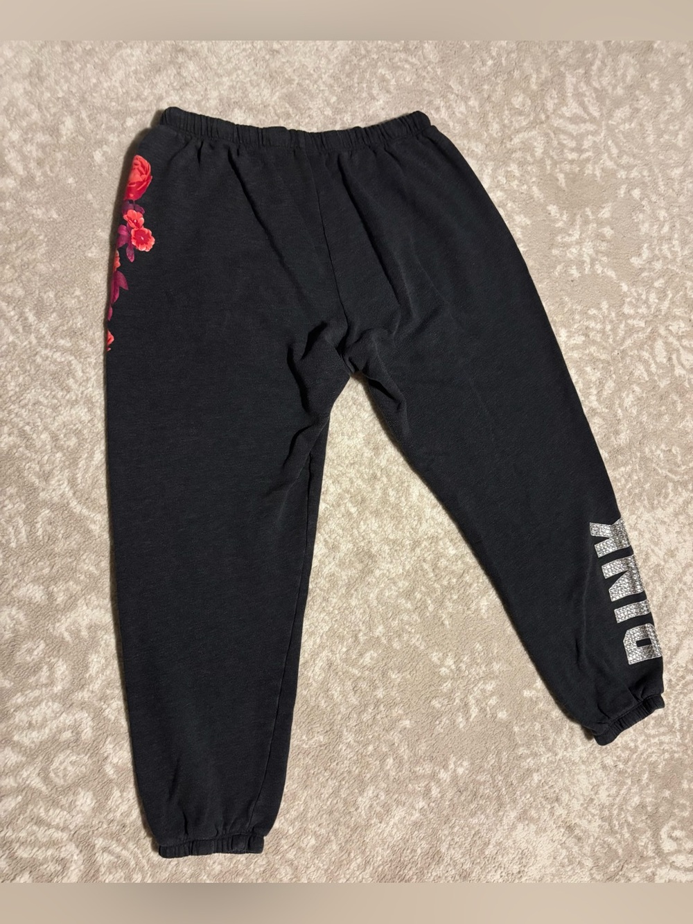 Victoria’s Secret PINK - Grey Sweatpant W/ Flower Print Graphic & Bedazzled Logo - Picture 7 of 9